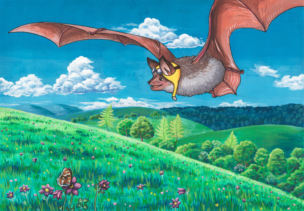 Illustration à la gouache d'une chauve-souris habillée comme un aviateur dans les films du studio Ghibli. Elle a une mine réjouie et vole au-dessus d'un paysage vallonné. Au premier plan, un papillon butine une fleur violette.
